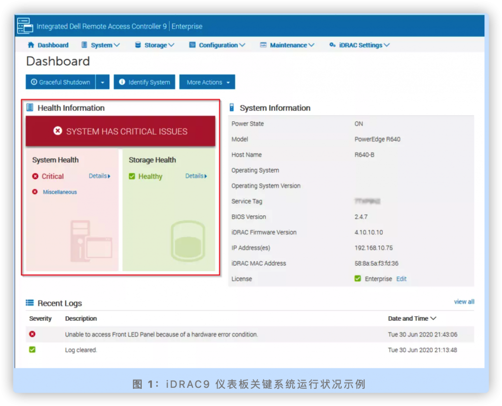 iDRAC9 仪表板关键系统运行状况示例