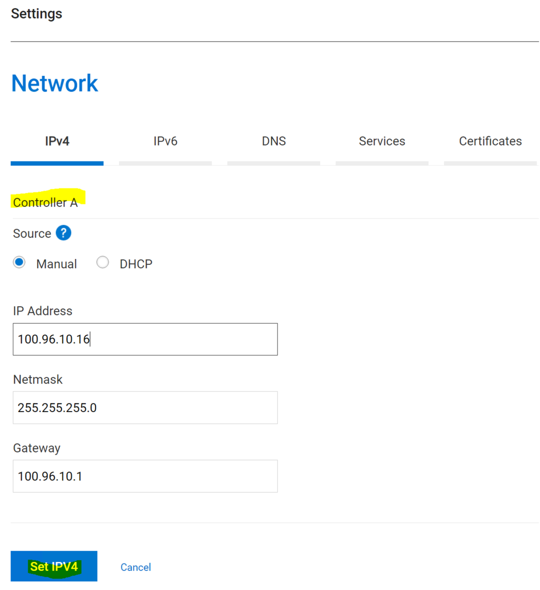 ME5无法使用 PowerVault Manager 更改单控制器上的默认 IP 设置