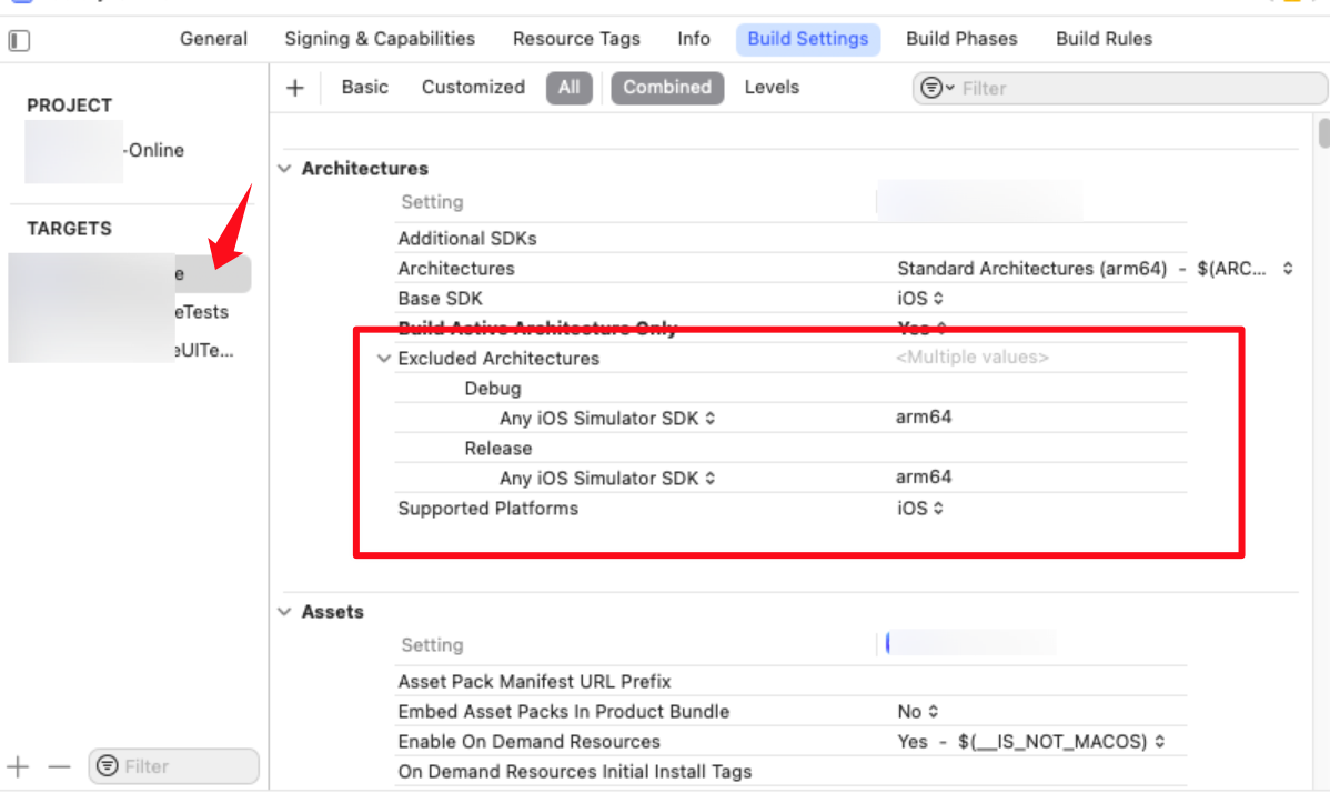 添加排除模拟器 arm64 到项目 PEROJECT 和 TARGETS 的 Excluded Architectures 中