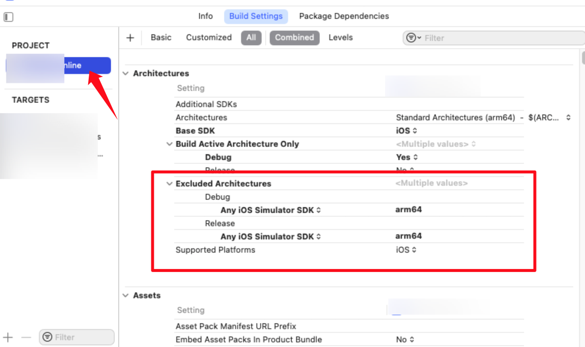 添加排除模拟器 arm64 到项目 PEROJECT 和 TARGETS 的 Excluded Architectures 中