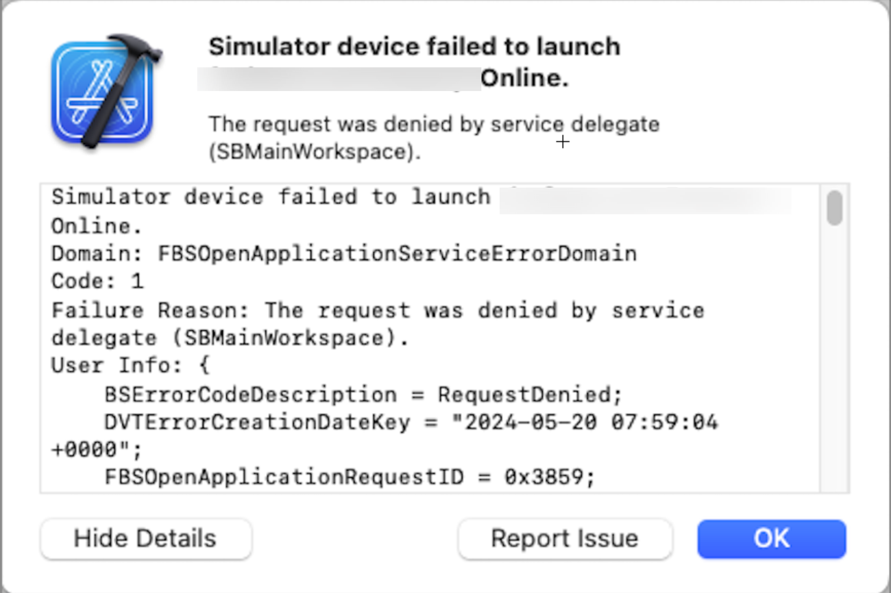 模拟器启动提示 Simulator device failed to launch XXX